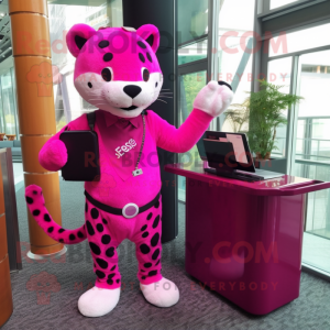 Magenta Jaguar mascot costume character dressed with a Cocktail Dress and Briefcases