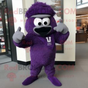 Purple Jambalaya mascot costume character dressed with a Hoodie and Tie pins