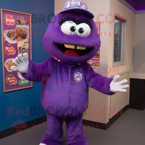 Purple Jambalaya mascot costume character dressed with a Hoodie and Tie pins