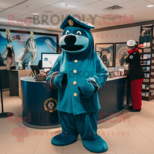 Turquoise Navy Seal mascot costume character dressed with a Maxi Dress and Brooches