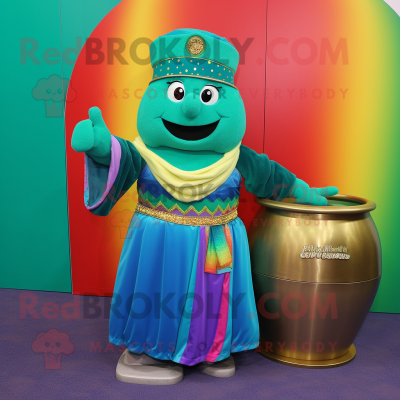 Teal Pot Of Gold mascot costume character dressed with a Tank Top and Shawls Teal Pot Of Gold mascot costume character dressed with a Tank Top and Shawls