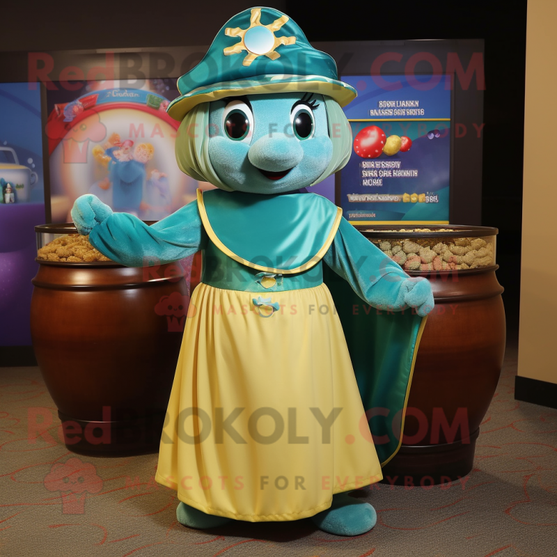 Teal Pot Of Gold mascot costume character dressed with a Tank Top and Shawls Teal Pot Of Gold mascot costume character dressed with a Tank Top and Shawls