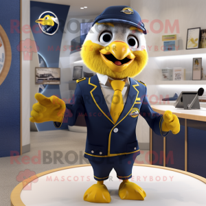 Navy Canary mascot costume character dressed with a Blazer and Rings