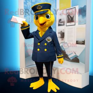 Navy Canary mascot costume character dressed with a Blazer and Rings