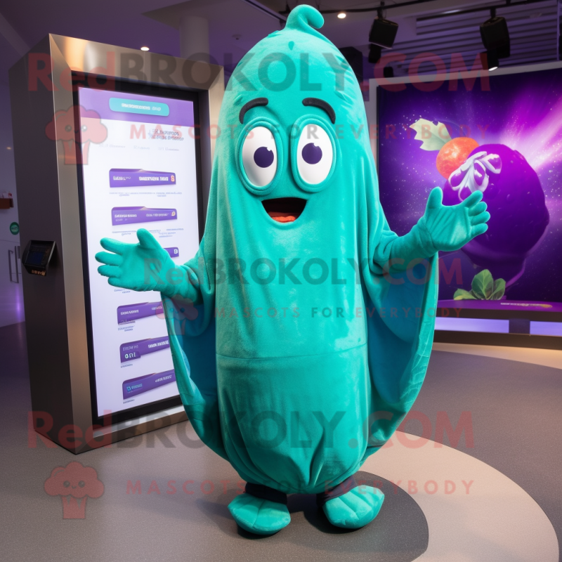 Turquoise Eggplant mascot costume character dressed with a Cover-up and Mittens