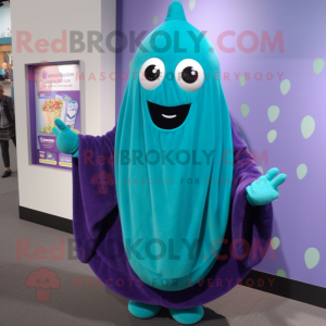 Turquoise Eggplant mascot costume character dressed with a Cover-up and Mittens