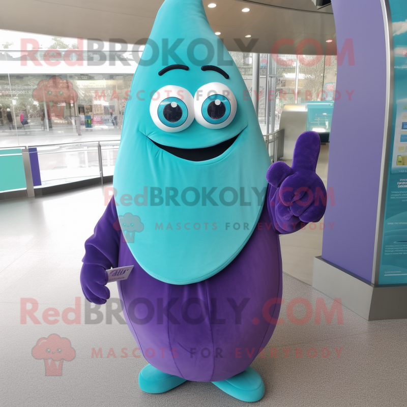 Turquoise Eggplant mascot costume character dressed with a Cover-up and Mittens