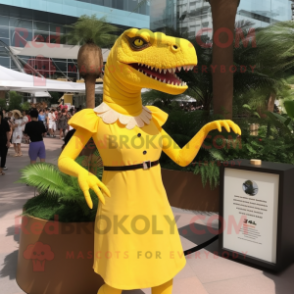 Lemon Yellow Tyrannosaurus mascot costume character dressed with a Sheath Dress and Earrings