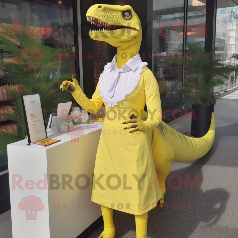 Lemon Yellow Tyrannosaurus mascot costume character dressed with a Sheath Dress and Earrings