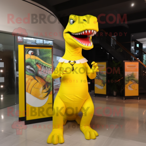 Lemon Yellow Tyrannosaurus mascot costume character dressed with a Sheath Dress and Earrings