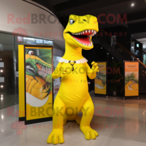 Lemon Yellow Tyrannosaurus mascot costume character dressed with a Sheath Dress and Earrings