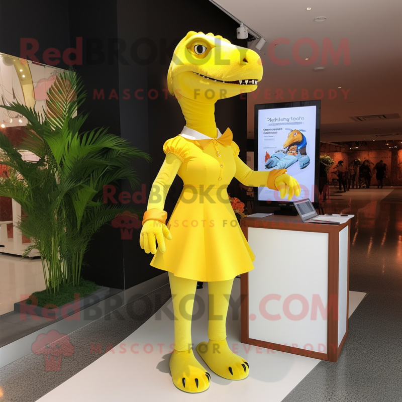 Lemon Yellow Tyrannosaurus mascot costume character dressed with a Sheath Dress and Earrings