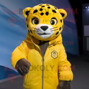 Yellow Jaguar mascot costume character dressed with a Parka and Ties
