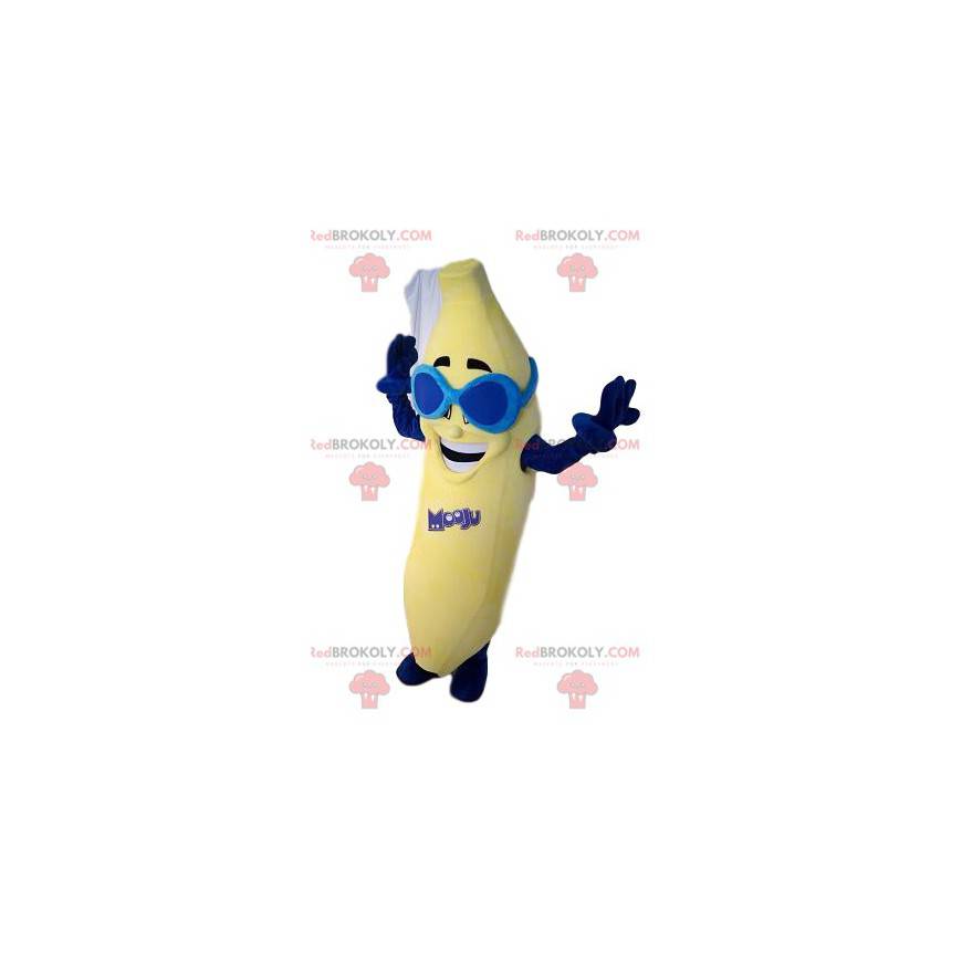 Wesoła maskotka banana z niebieskimi okularami Wesoła maskotka banana z niebieskimi okularami