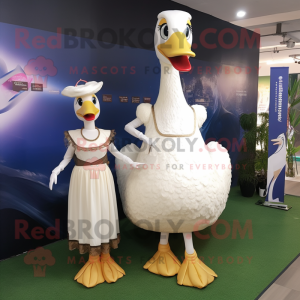 Cream Swans mascot costume character dressed with a Sheath Dress and Anklets