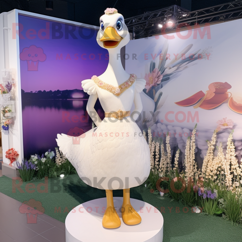 Cream Swans mascot costume character dressed with a Sheath Dress and Anklets Cream Swans mascot costume character dressed with a Sheath Dress and Anklets