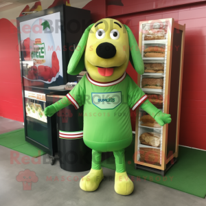 Green Hot Dogs mascot costume character dressed with a Rugby Shirt and Wallets