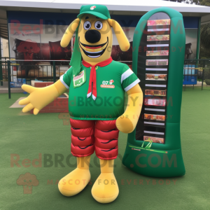 Green Hot Dogs mascot costume character dressed with a Rugby Shirt and Wallets