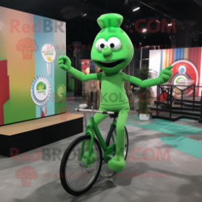 Green Unicyclist mascot costume character dressed with a V-Neck Tee and Earrings