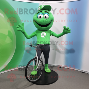 Green Unicyclist mascot costume character dressed with a V-Neck Tee and Earrings