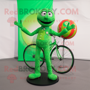 Green Unicyclist mascot costume character dressed with a V-Neck Tee and Earrings