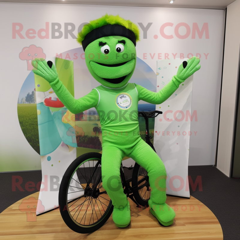 Green Unicyclist mascot costume character dressed with a V-Neck Tee and Earrings