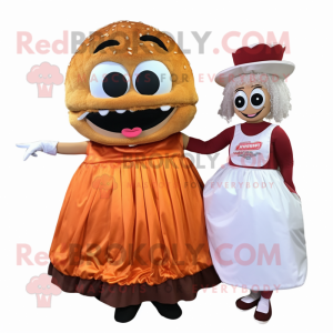 Rust Pulled Pork Sandwich mascot costume character dressed with a Ball Gown and Beanies