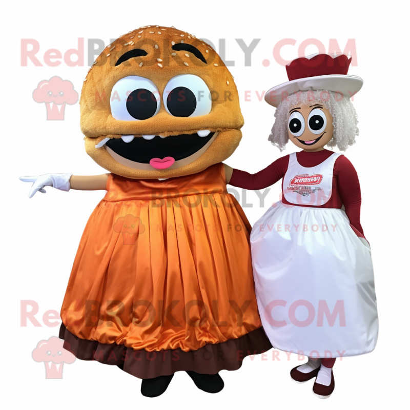 Rust Pulled Pork Sandwich mascot costume character dressed with a Ball Gown and Beanies Rust Pulled Pork Sandwich mascot costume character dressed with a Ball Gown and Beanies