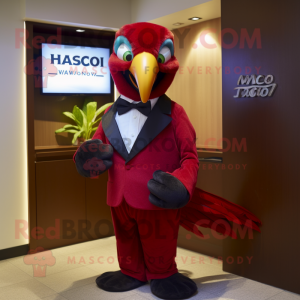 Maroon Macaw mascot costume character dressed with a Tuxedo and Tie pins