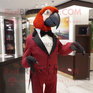 Maroon Macaw mascot costume character dressed with a Tuxedo and Tie pins