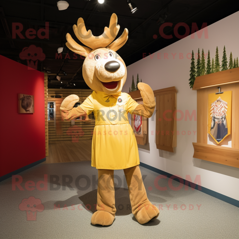 Gold Moose mascot costume character dressed with a Shift Dress and Suspenders Gold Moose mascot costume character dressed with a Shift Dress and Suspenders