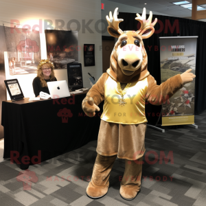Gold Moose mascot costume character dressed with a Shift Dress and Suspenders