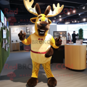 Gold Moose mascot costume character dressed with a Shift Dress and Suspenders