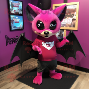 Magenta Bat mascot costume character dressed with a Graphic Tee and Shoe clips