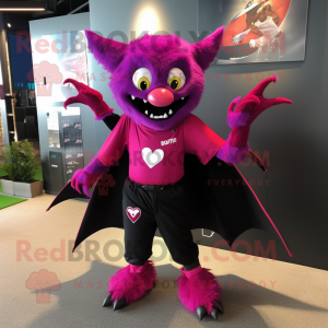 Magenta Bat mascot costume character dressed with a Graphic Tee and Shoe clips