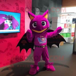 Magenta Bat mascot costume character dressed with a Graphic Tee and Shoe clips