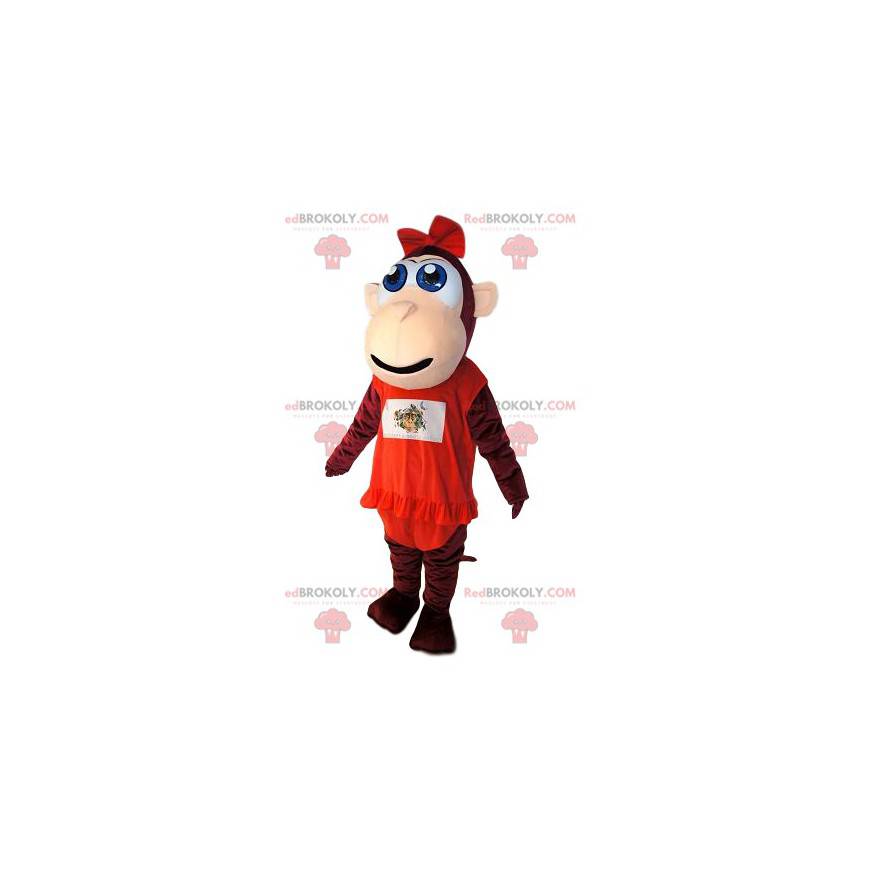 Maskottchen brauner Affe, mit einem roten Kleid mit Volant. - Maskottchen brauner Affe, mit einem roten Kleid mit Volant. -