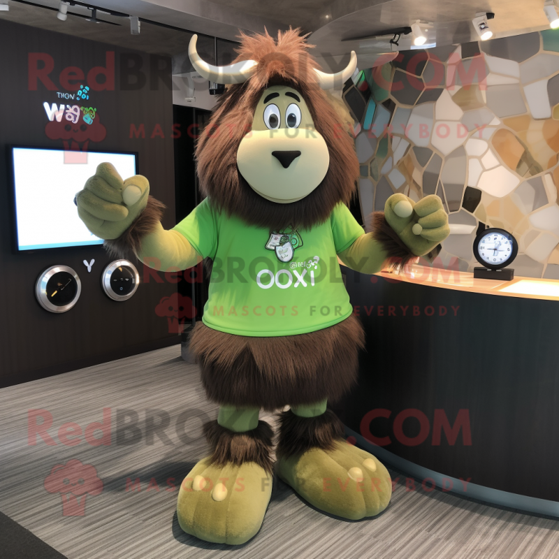 Olive Yak mascot costume character dressed with a Romper and Bracelet watches