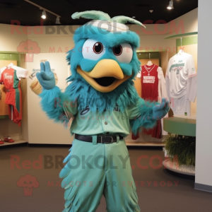 Turquoise Harpy mascot costume character dressed with a Baseball Tee and Necklaces