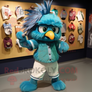 Turquoise Harpy mascot costume character dressed with a Baseball Tee and Necklaces