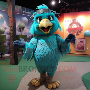 Turquoise Harpy mascot costume character dressed with a Baseball Tee and Necklaces
