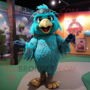 Turquoise Harpy mascot costume character dressed with a Baseball Tee and Necklaces