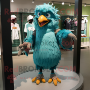 Turquoise Harpy mascot costume character dressed with a Baseball Tee and Necklaces