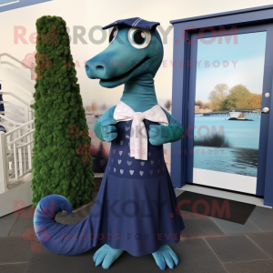 Navy Loch Ness Monster mascot costume character dressed with a Pleated Skirt and Scarf clips