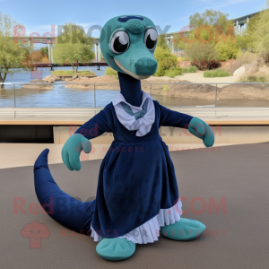 Navy Loch Ness Monster mascot costume character dressed with a Pleated Skirt and Scarf clips