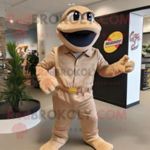 Tan Snake mascot costume character dressed with a Chinos and Gloves