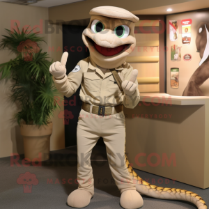 Tan Snake mascot costume character dressed with a Chinos and Gloves