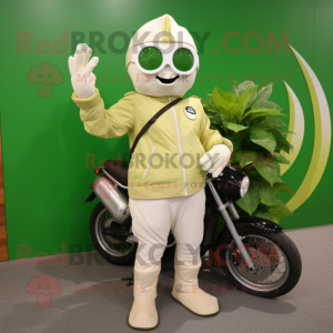 Cream Spinach mascot costume character dressed with a Moto Jacket and Tote bags