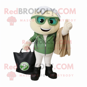 Cream Spinach mascot costume character dressed with a Moto Jacket and Tote bags