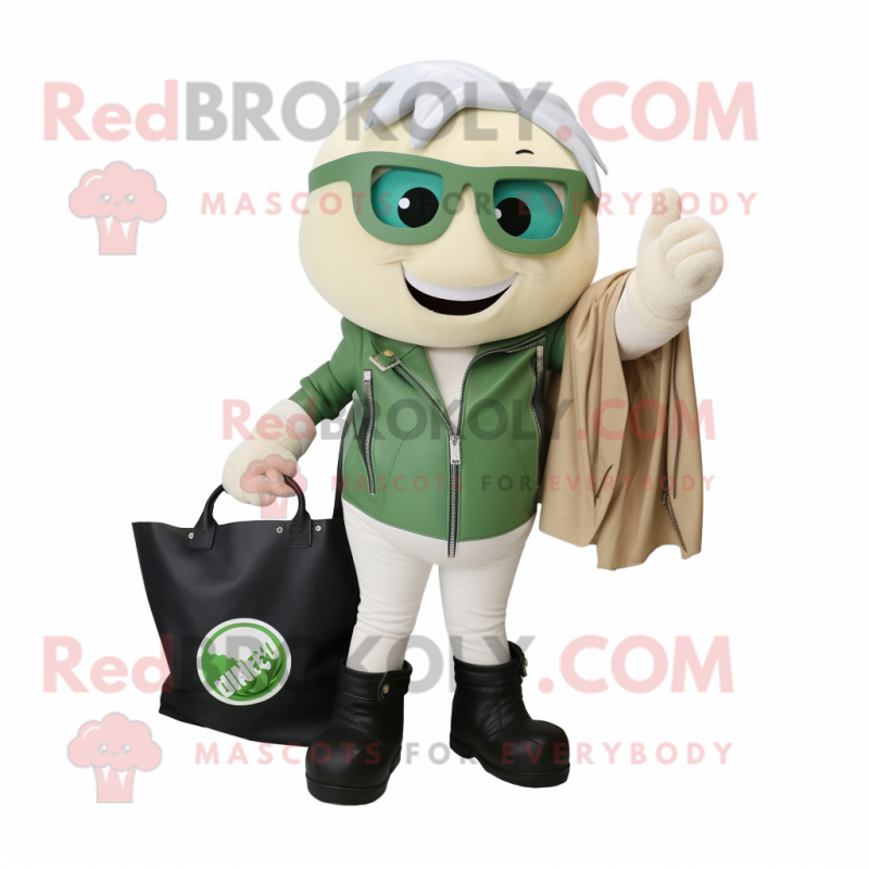 Cream Spinach mascot costume character dressed with a Moto Jacket and Tote bags Cream Spinach mascot costume character dressed with a Moto Jacket and Tote bags